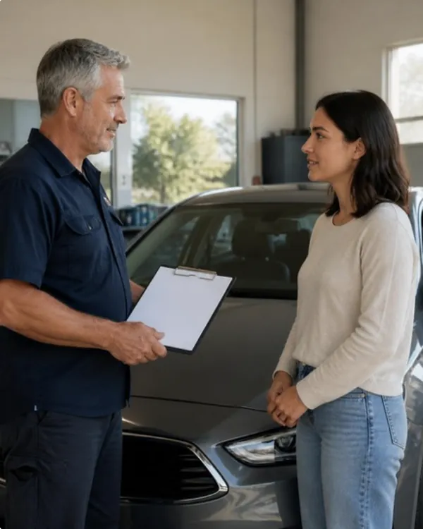 A mechanic and a car owner talking beside a car in a workshop