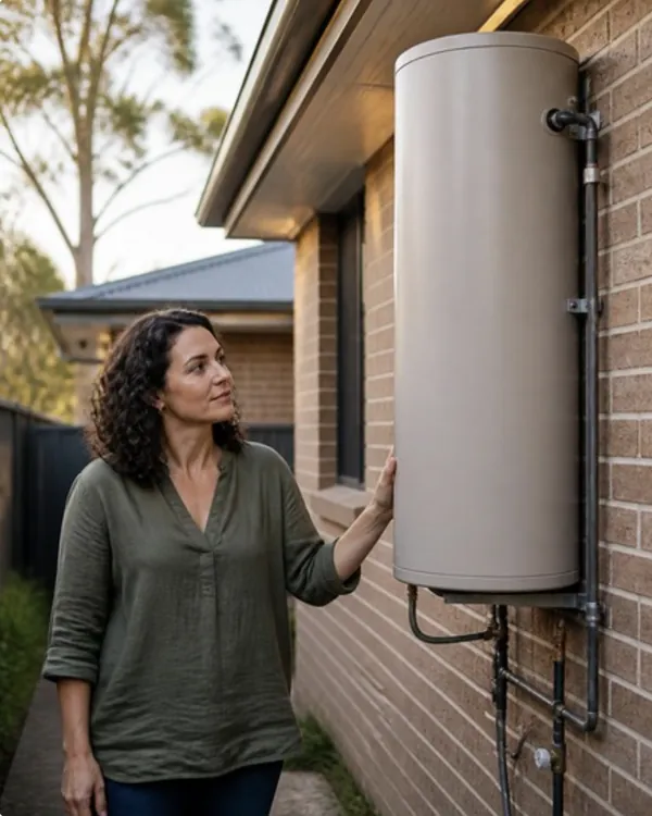 A homeowner looking at the hot water system on the side of her house