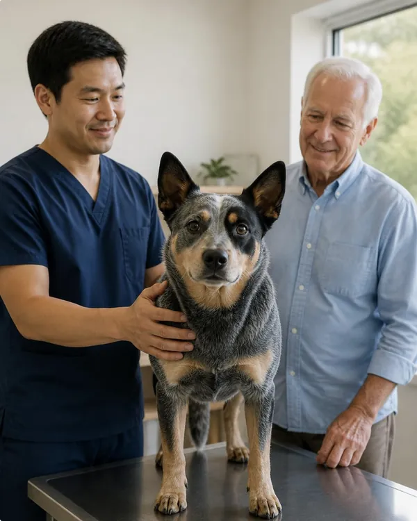 A healthy dog with its owner and a vet in a consult room