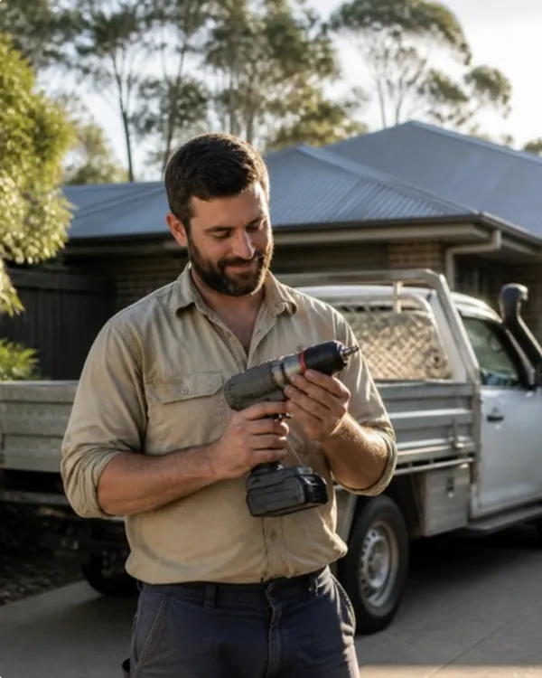 A tradie holding a new cordless drill beside his ute