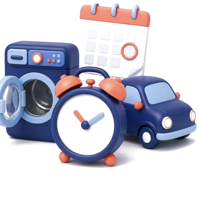 A washing machine, alarm clock, car and calendar grouped together
